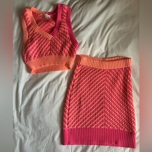 For Love And Lemons Pink and Orange Crochet Top and Mini Skirt Set